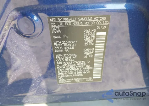 2020 Nissan Rogue Sv Intelligent Awd z USA, uszkodzony, nr VIN KNMAT2MV9LP543095